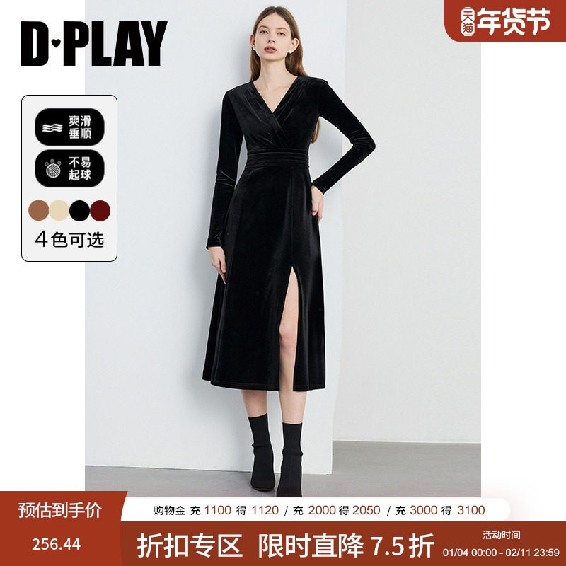 DPLAY秋季法式风V领长袖名媛气质丝绒礼服裙小黑裙连衣裙,女装/女士精品,连衣裙,淘宝优惠券,粉丝福利购,淘宝优惠卷