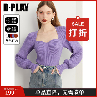 DPLAY2025春季 上衣毛衣女 紫色毛衣女气质多巴胺法式 方领针织衫