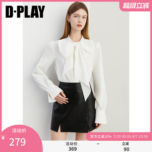 上衣女 DPLAY秋季 日常白色衬衫 蝴蝶结系带百搭宽松长袖 衬衫