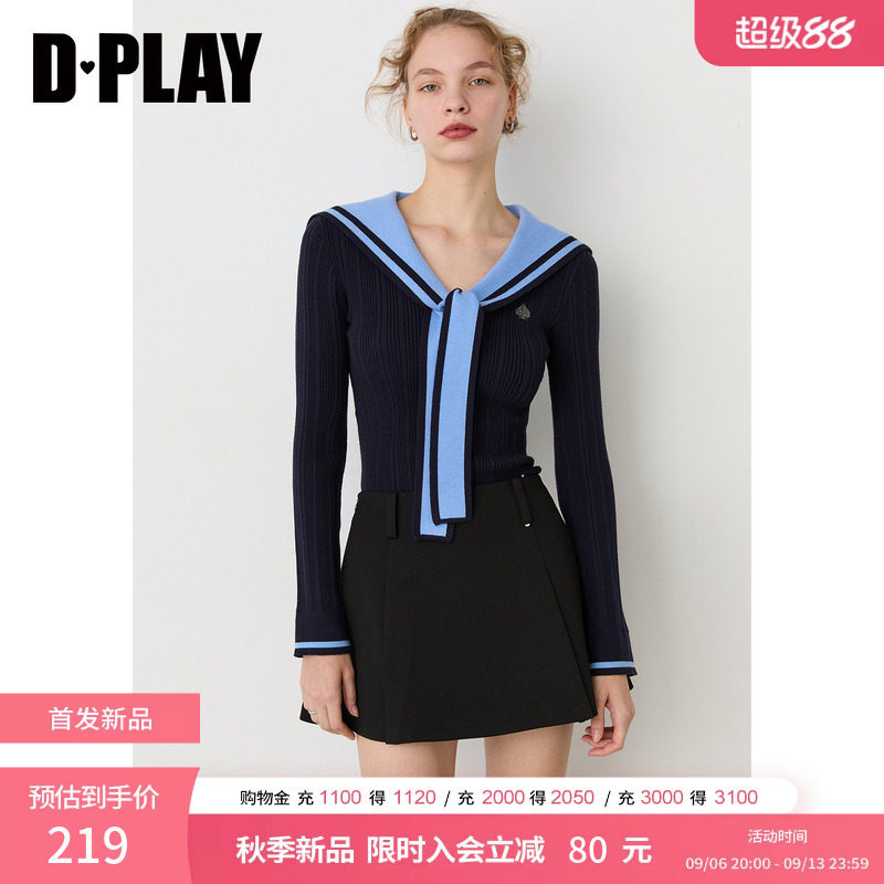 DPLAY蓝色海军领针织衫女2026秋季新款学院风绑带修身长袖女上衣