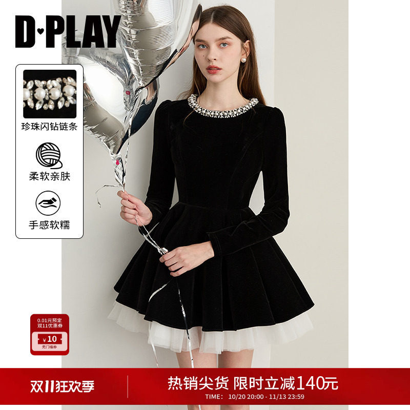 DPLAY亮钻领黑色连衣裙短裙冬季丝绒连衣裙女公主裙小礼服伞裙