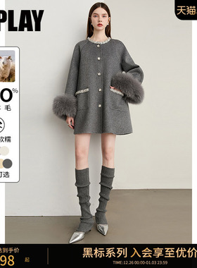 DPLAY【黑标】2025年冬季灰色圆领100绵羊毛气质好看双面呢子大衣