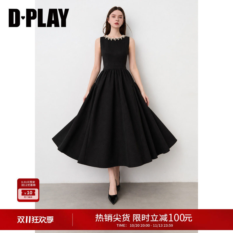 DPLAY黑色圆领连衣裙女2026秋季新款气质大摆亮丝无袖礼服长裙