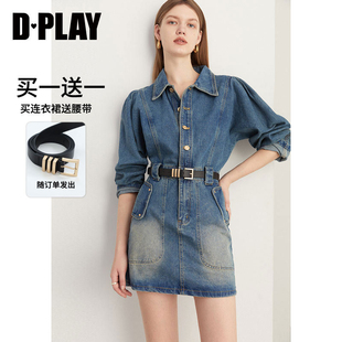 DPLAY初春复古牛仔连衣裙女工装牛仔裙A字牛仔长袖小个子短裙