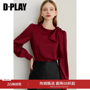 DPLAY秋季新款红色衬衫女蝴蝶结系带设计缎面上衣长袖衬衣