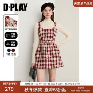 DPLAY2025年秋季 红色连衣裙女气质小香风粗花呢裙子格纹短裙 新款