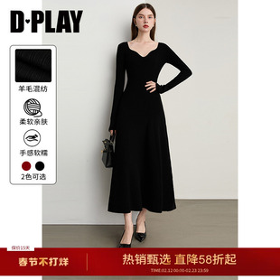 DPLAY2025冬季新款黑色针织连衣裙法式高级修身长裙长款裙子女