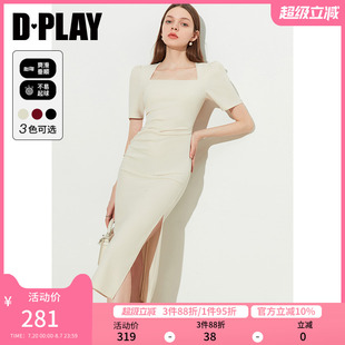 捏褶侧开衩高腰短袖 DPLAY优雅奶油杏方领泡泡袖 连衣裙长裙女