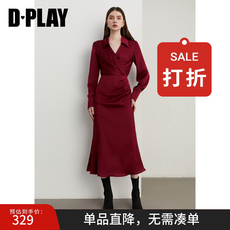 DPLAY2025年秋季法式复古缎面红色V领千金风连衣裙鱼尾裙长裙女