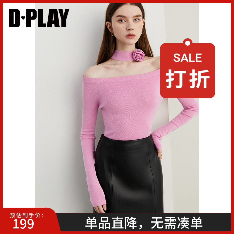 DPLAY2025年春季新款粉色打底衫女独特一字肩修身针织衫长袖上衣
