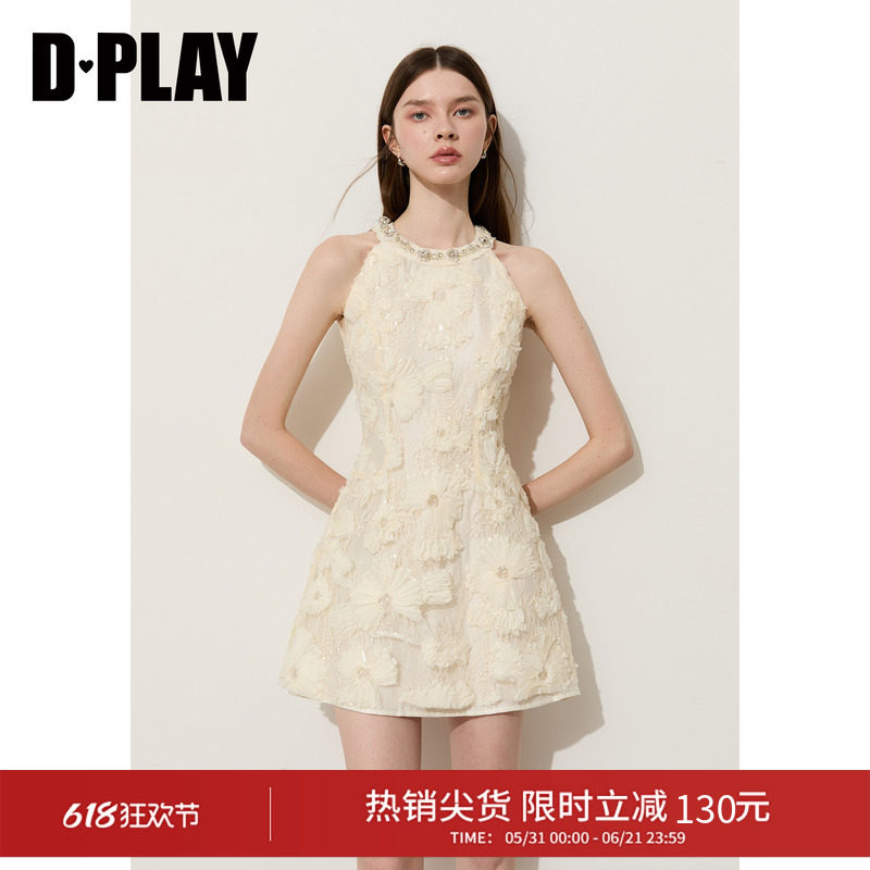 DPLAY白色亮片花朵蕾丝连衣裙法式复古蝴蝶结裙子2026夏季新款