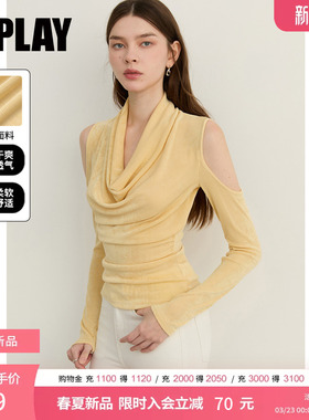 DPLAY黄色T恤荡领露肩时尚好看收腰2026年春季新款洋气修身上衣女