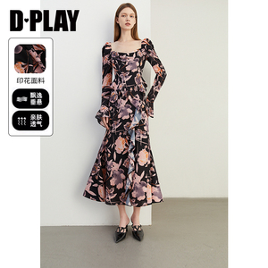 DPLAY秋季气质度假紫色连衣裙女印花泡泡袖修身长款裙子长裙
