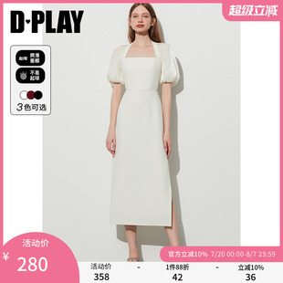 DPLAY2025夏优雅奶油杏美背鎏光纱拼接侧开衩方领连衣裙礼服