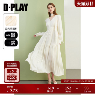 长裙 白色连衣裙女独特飘带沙滩裙子长袖 DPLAY2025秋季 气质法式