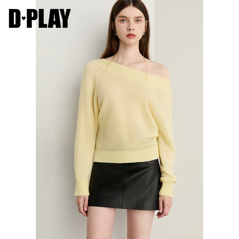 DPLAY2025年秋季新款黄色上衣女一字肩宽松镂空气质优雅针织小衫,女装/女士精品,毛针织衫,淘宝优惠券,粉丝福利购,淘宝优惠卷