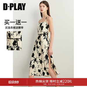 DPLAY夏季新中式黑白印花连衣裙女吊带裙长裙海边度假沙滩裙
