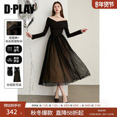 2026年黑色小礼服一字肩长裙亮丝长袖 DPLAY 小黑裙系列 连衣裙