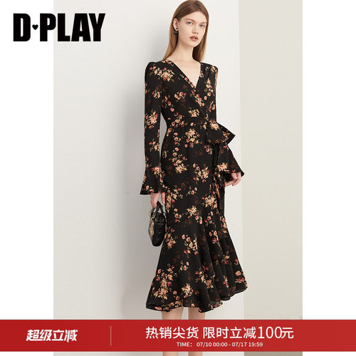 DPLAY茶歇法式连衣裙鱼尾长裙