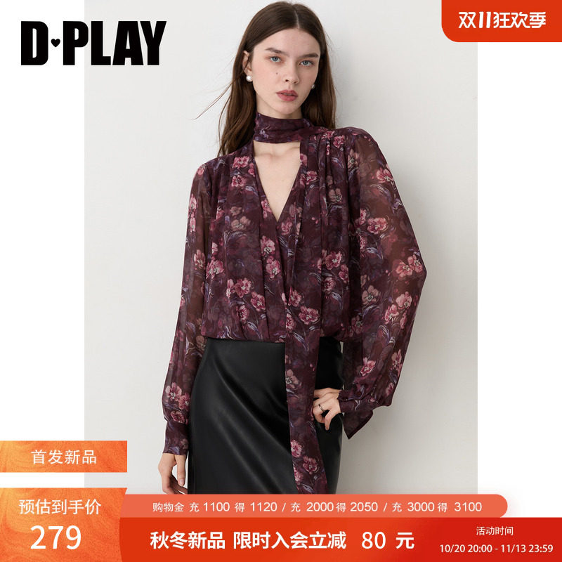 DPLAY紫色印花飘带衬衫女气质宽松长袖显瘦雪纺上衣2026冬季新款