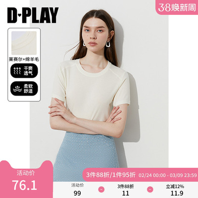 DPLAY【惠品】2025年夏季新款白色t恤女短袖圆领修身莱赛尔上衣
