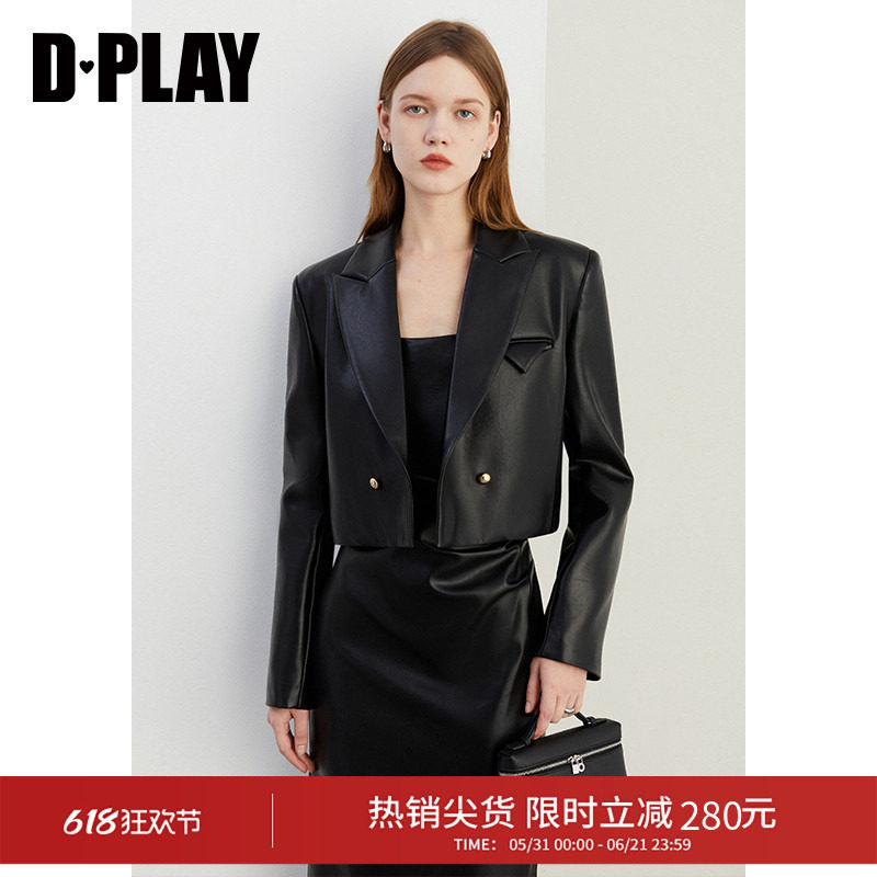 DPLAY秋季新款黑色西装女定制金属扣西装PU短外套皮外套