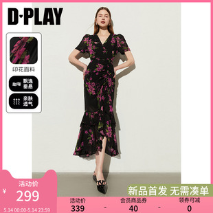 海边度假黑色印花荷叶边茶歇雪纺裙连衣裙 DPLAY2024夏季 新款