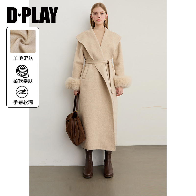 DPLAY【惠品】冬季新款杏色毛呢外套女长款羊毛呢子大衣