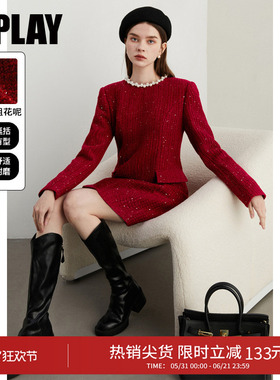 DPLAY秋季新款法式红色小香风连衣裙女本命短款裙子