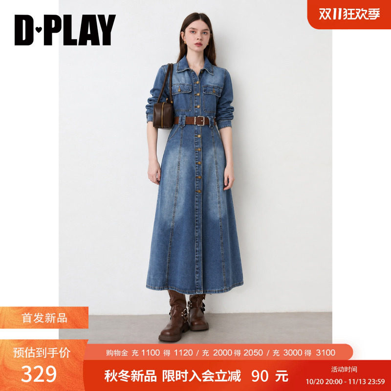 DPLAY蓝色翻领牛仔连衣裙女收腰显瘦下摆开衩长裙2026冬季新款
