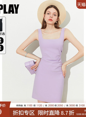 DPLAY2025夏季女装法式紫色方领气质修身短款连衣裙吊带裙裙子