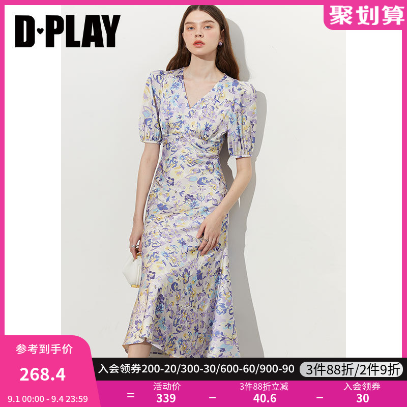 DPLAY2023夏新新中式紫调花卉V领纽结垂感