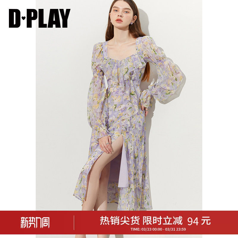 DPLAY紫色连衣裙女海边度假沙滩裙雪纺设计感碎花裙长裙26春