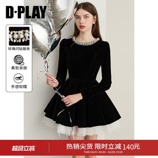 丝绒连衣裙女公主裙小礼服伞裙 DPLAY亮钻领黑色连衣裙短裙冬季