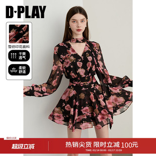 DPLAY2026春季新款粉黑色连衣裙女好看独特法式雪纺裙子长袖短裙