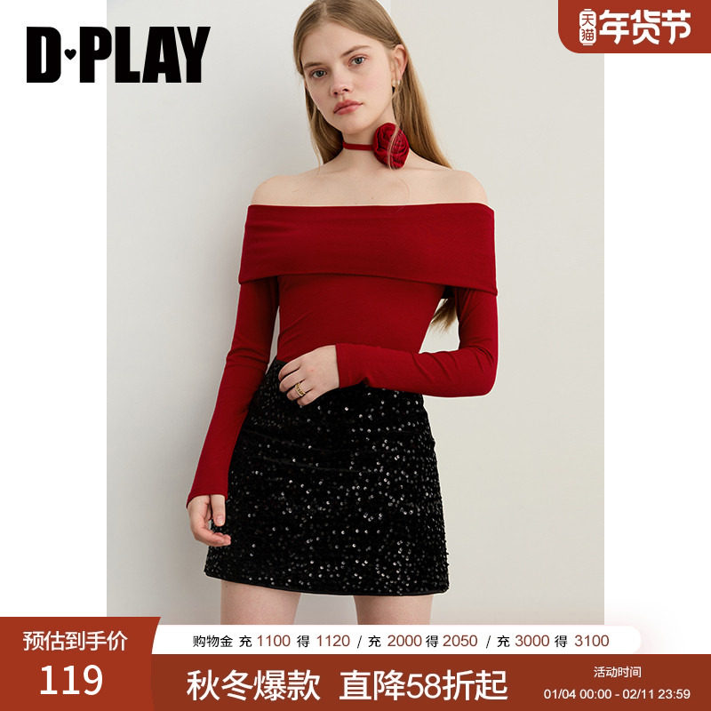 DPLAY【惠品】2025年秋季红色t恤女一字肩露肩花朵飘带上衣,女装/女士精品,T恤,淘宝优惠券,粉丝福利购,淘宝优惠卷