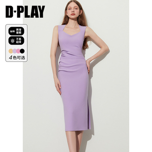 DPLAY夏新气质香芋紫美背V领捏褶收腰侧开衩高弹无袖连衣裙