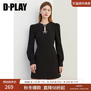 裙子长袖 DPLAY2025秋季 收腰短款 黑色连衣裙女小黑裙气质法式 新款