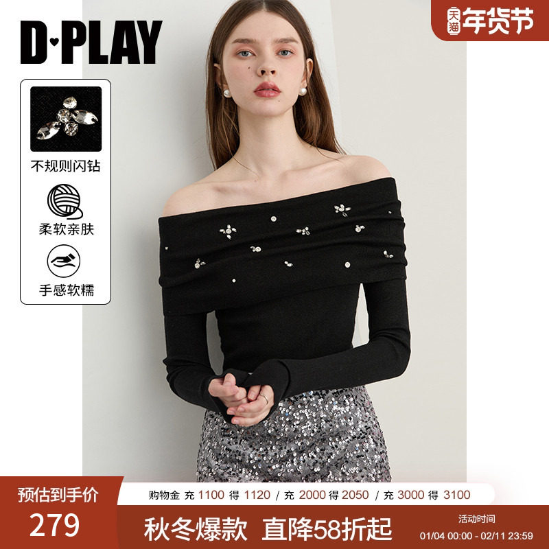 DPLAY【轻奢闪钻系列】含羊毛黑色针织衫女春季新款露肩气质上衣,女装/女士精品,毛针织衫,淘宝优惠券,粉丝福利购,淘宝优惠卷
