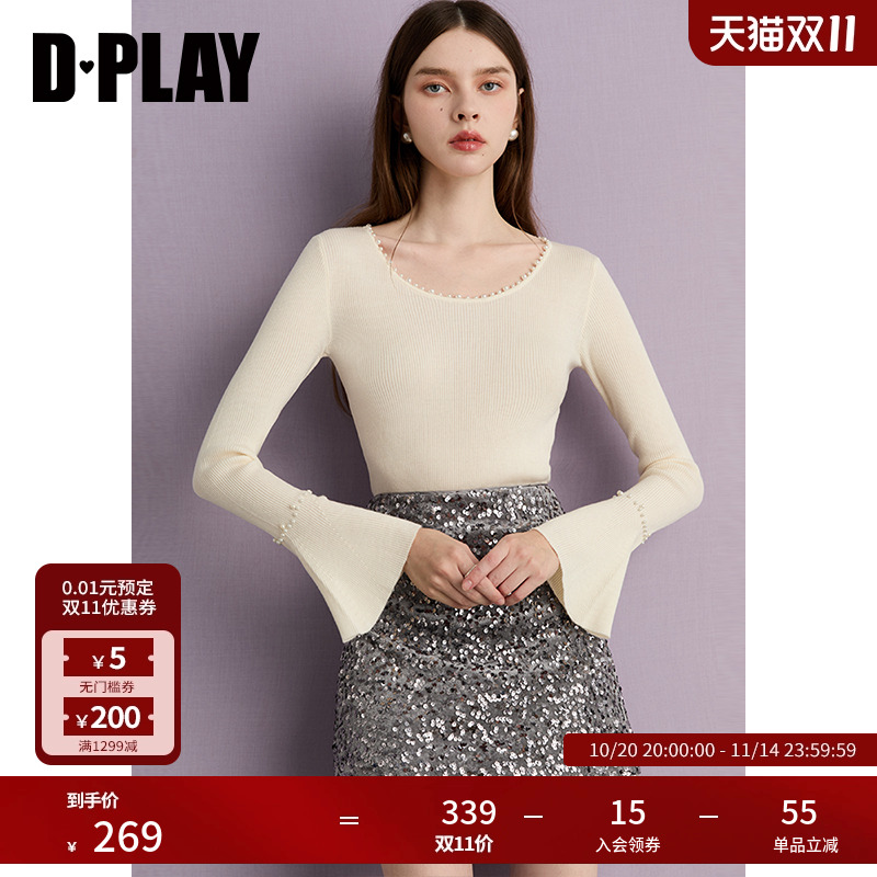 DPLAY2025年秋季新款白色针织衫女露肩羊毛优雅设计感针织打底衫