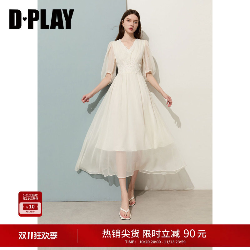 DPLAY白色雪纺连衣裙2026年夏季新款拼接蕾丝温柔长裙短袖裙子女