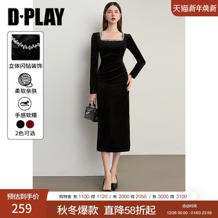 DPLAY 2025冬黑色连衣裙方领丝绒连衣裙礼服开叉长裙女 惠品