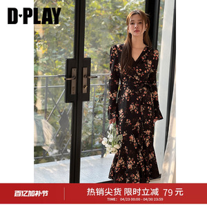 DPLAY秋季法式茶歇裙碎花连衣裙V领长袖连衣裙印花裙鱼尾长裙