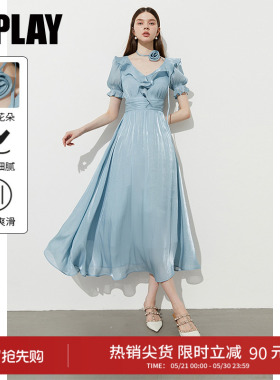 DPLAY夏季新款法式蓝色连衣裙女短袖气质流行裙子短袖长裙