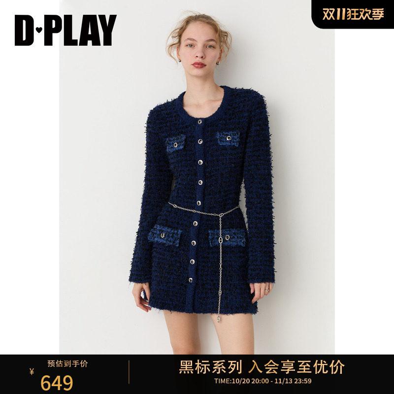DPLAY【黑标】藏青色圆领连衣裙女气质小个子针织裙2026冬季新款