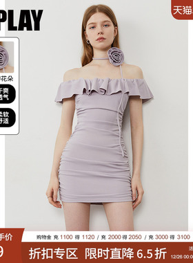DPLAY【惠品】2025年夏季新款紫色连衣裙女修身一字肩裙子短裙