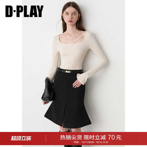 DPLAY白色方领T恤女修身喇叭袖显瘦长袖日常打底上衣2026秋季