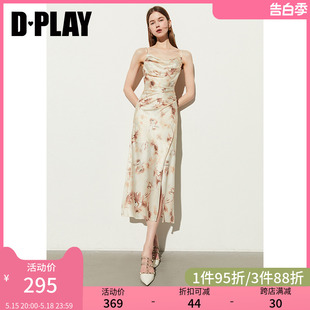 DPLAY夏荡领印花腰部单侧抽褶碎花裙度假长裙吊带连衣裙