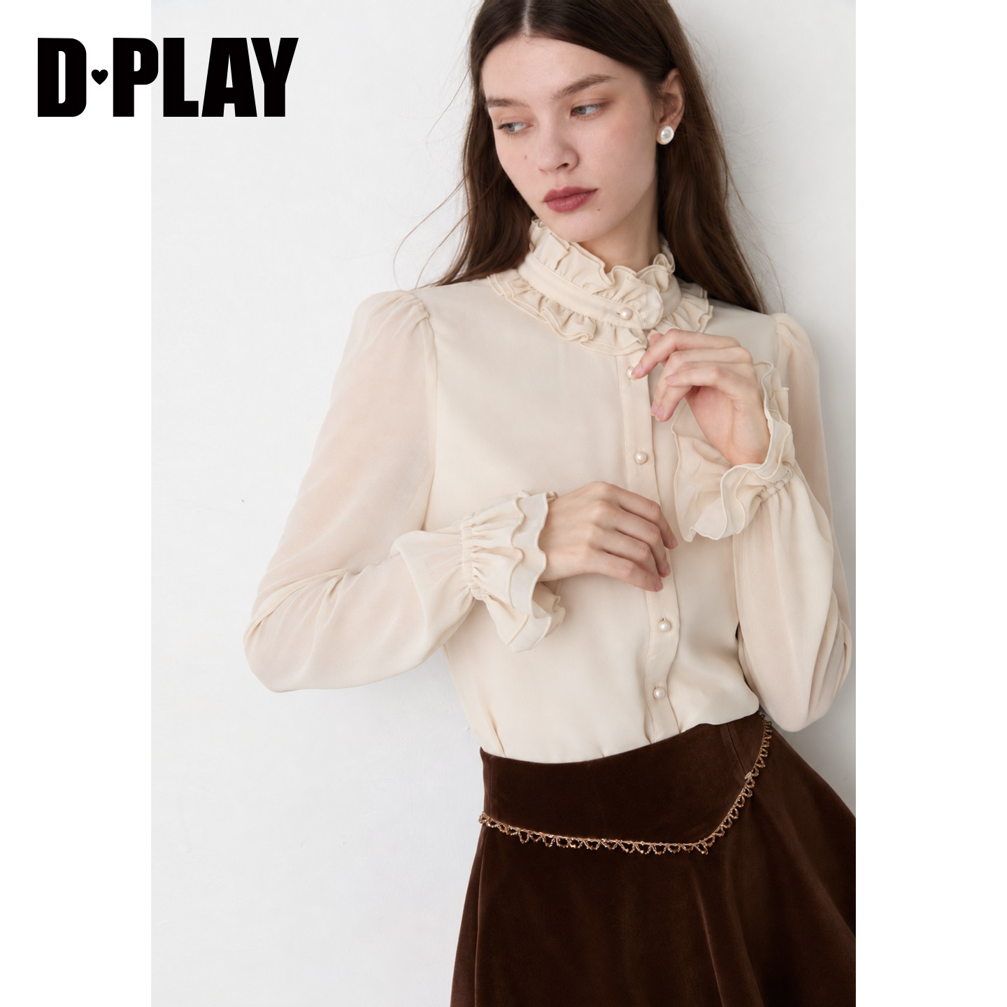 DPLAY米白色雪纺衬衫女2026秋季新款木耳边立领荷叶袖气质上衣图片