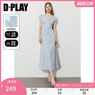藍色連衣裙女好看法式 拼接蕾絲碎花裙子長裙 新款 DPLAY2025年夏季